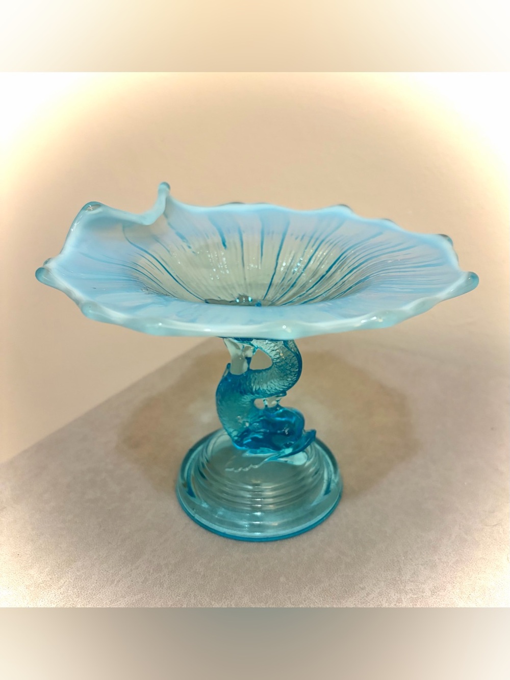 Antique 1902 NorthWood Blue Opalescent Glass Dolphin Fish Compote Candy Dish